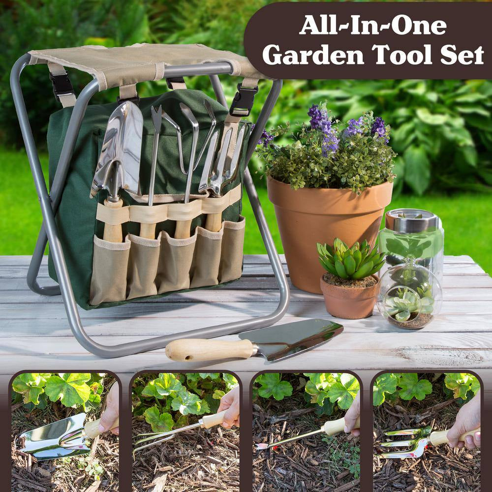 16 In. Folding Garden Stool with Garden Bag and Tools