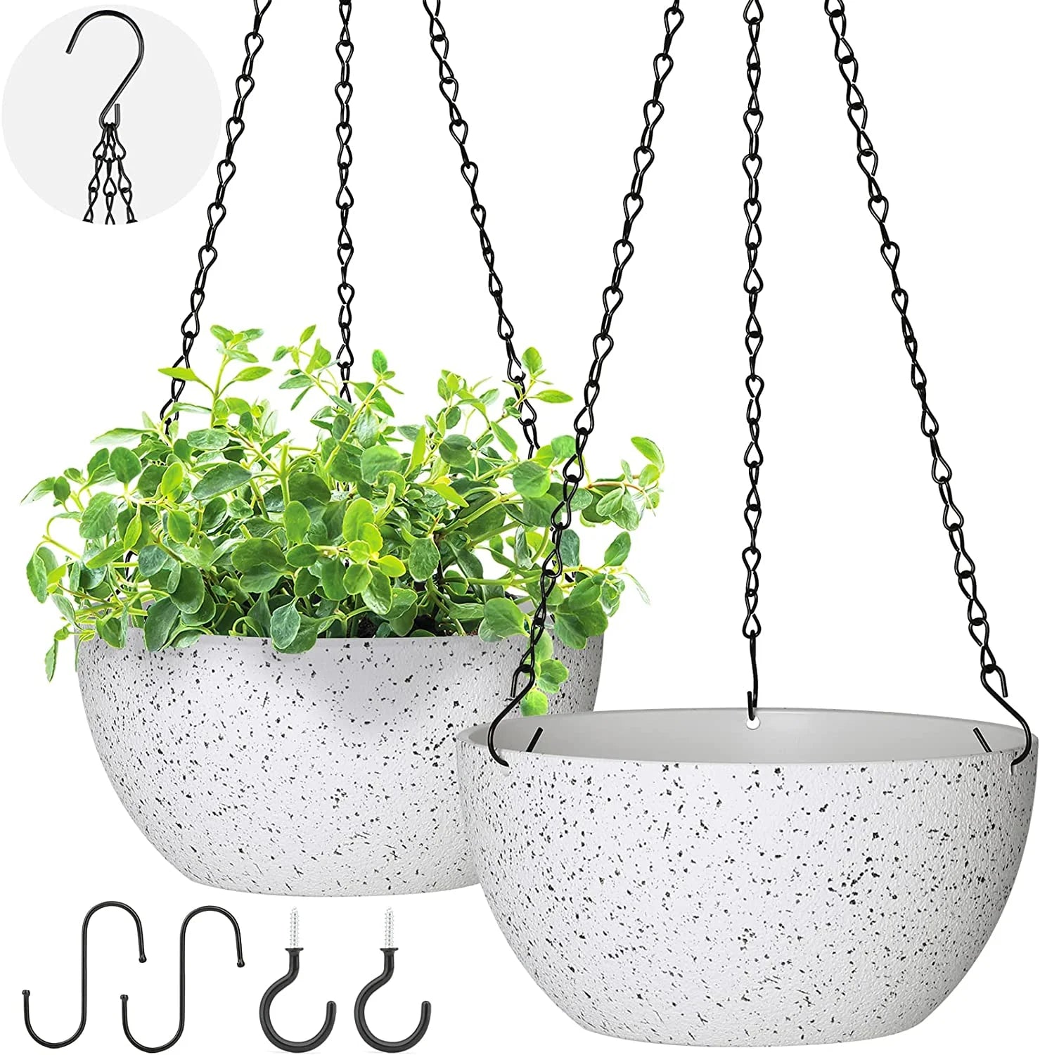 2 Pack Hanging Planter Pots for Plants Outdoor Indoor, 9 Inch Hanging Plant Pot Plastic Flower Pots with Drainage Holes Ceiling Hooks