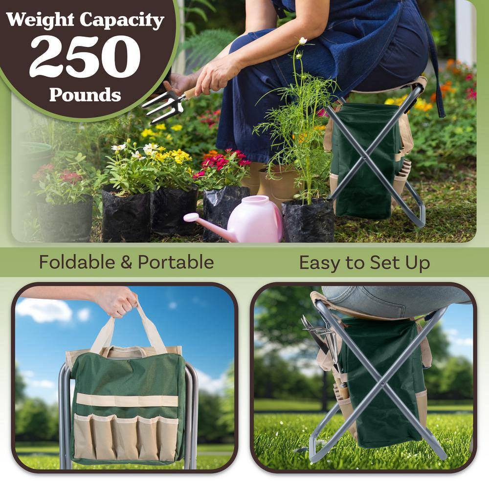 16 In. Folding Garden Stool with Garden Bag and Tools