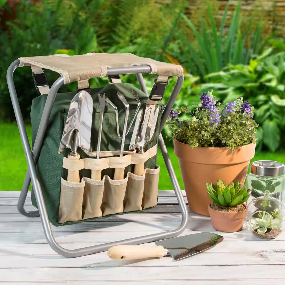 16 In. Folding Garden Stool with Garden Bag and Tools