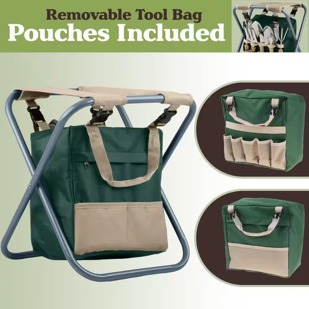 16 In. Folding Garden Stool with Garden Bag and Tools