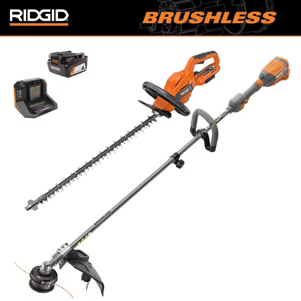 18V Brushless 14 In. Cordless String Trimmer and Brushless Cordless Hedge Trimmer with 4.0 Ah Battery and Charger