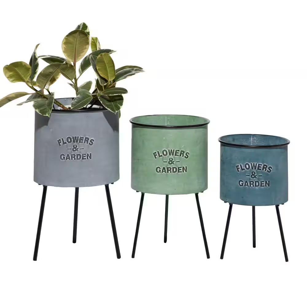 20 In., 18 In., and 16 In. Large Multi Colored Metal Indoor Outdoor Planter with Flowers and Garden Text (3- Pack)