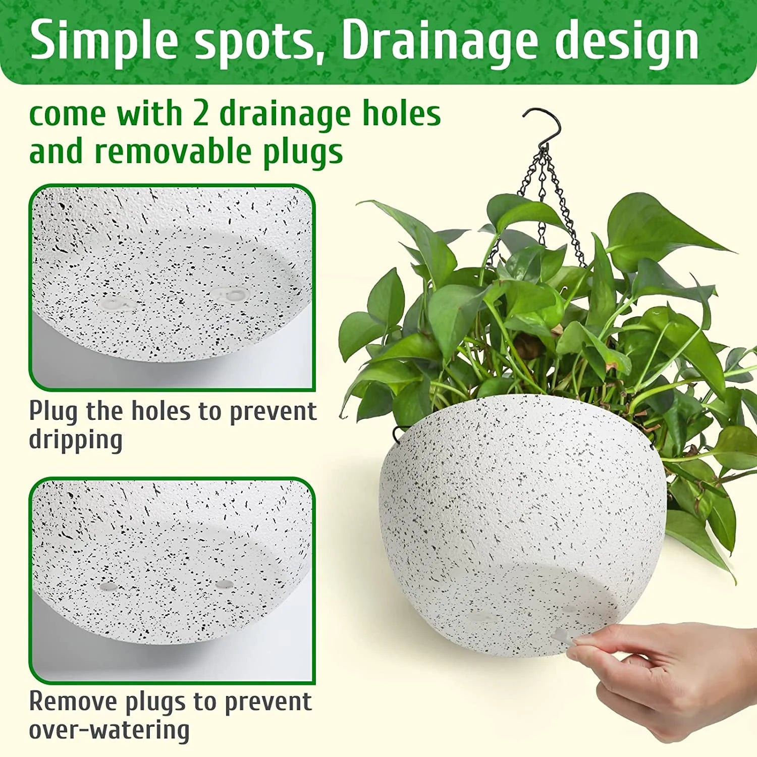 2 Pack Hanging Planter Pots for Plants Outdoor Indoor, 9 Inch Hanging Plant Pot Plastic Flower Pots with Drainage Holes Ceiling Hooks