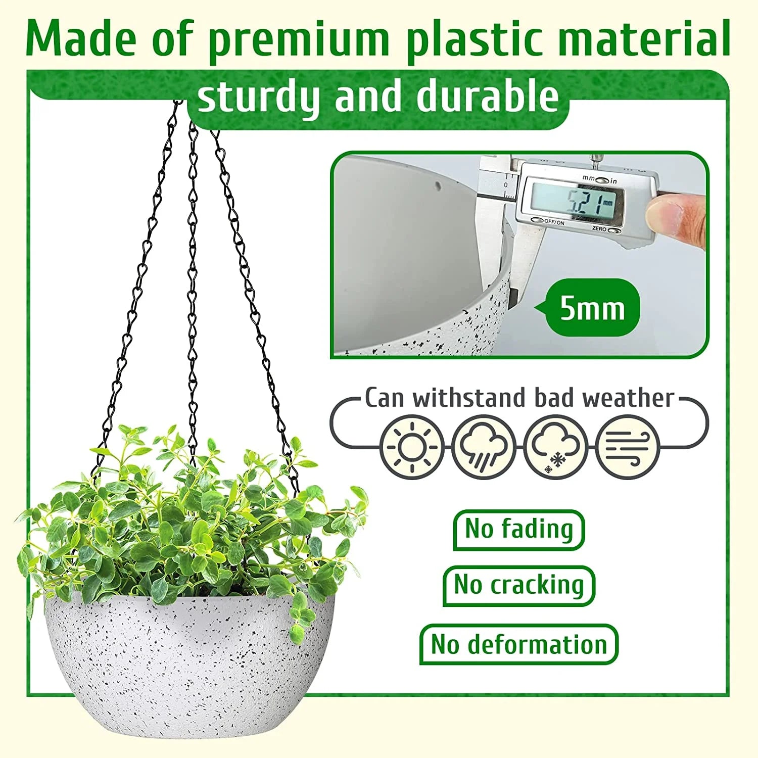 2 Pack Hanging Planter Pots for Plants Outdoor Indoor, 9 Inch Hanging Plant Pot Plastic Flower Pots with Drainage Holes Ceiling Hooks