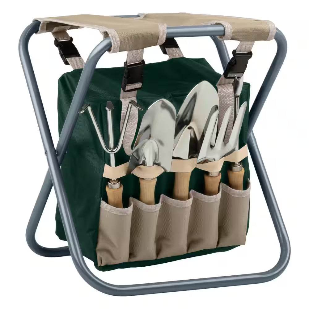 16 In. Folding Garden Stool with Garden Bag and Tools