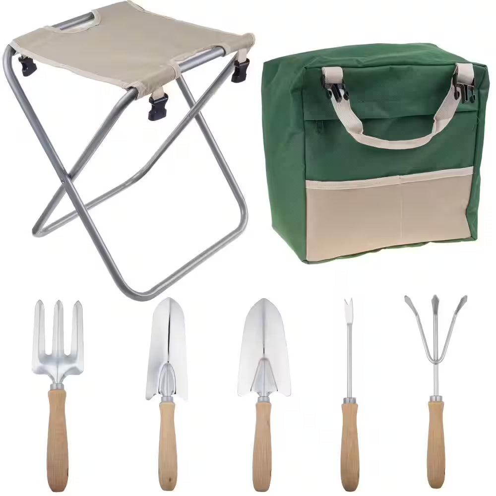 16 In. Folding Garden Stool with Garden Bag and Tools