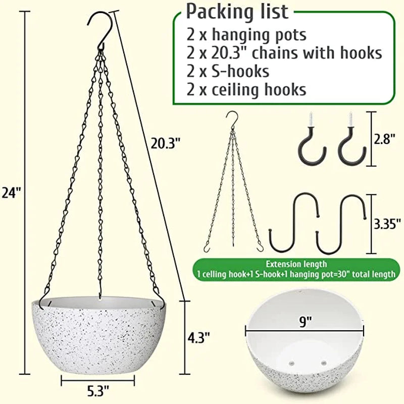 2 Pack Hanging Planter Pots for Plants Outdoor Indoor, 9 Inch Hanging Plant Pot Plastic Flower Pots with Drainage Holes Ceiling Hooks